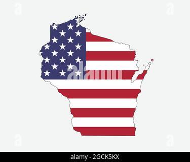 Mappa del Wisconsin sulla bandiera americana. WI, mappa dello stato degli Stati Uniti sulla bandiera degli Stati Uniti. Icona Clipart grafica vettoriale EPS Illustrazione Vettoriale