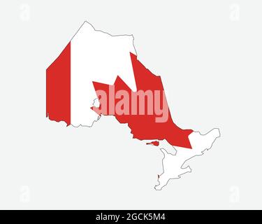 Mappa dell'Ontario sulla bandiera canadese. ON, Mappa della provincia della CA sulla bandiera del Canada. Icona Clipart grafica vettoriale EPS Illustrazione Vettoriale
