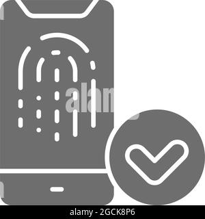 Sblocco dell'impronta digitale dello smartphone, icona grigia di identificazione delle impronte digitali. Illustrazione Vettoriale