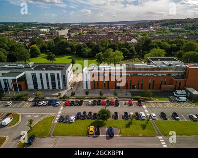 Stoke on Trent Collage Aerial Drone Vista della demolizione e della nuova costruzione Foto Stock