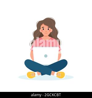 Donna con un laptop che lavora, studente o freelance concetto. Illustrazione vettoriale in stile cartoon piano Illustrazione Vettoriale