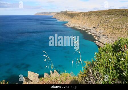 un primo piano di una collina vicino ad un corpo d'acqua Foto Stock