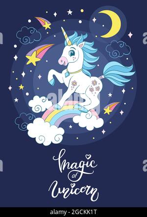 Il fumetto bianco unicorno sorge su un arcobaleno circondato da stelle e comete. Immagine verticale del vettore isolata su sfondo blu navy. Per adesivo, d Illustrazione Vettoriale