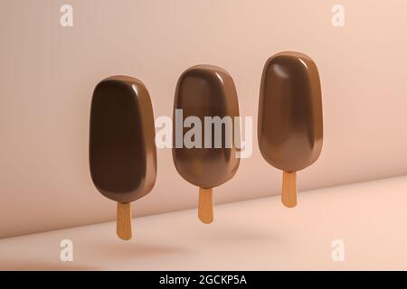 Vista laterale di tre gelati al cioccolato galleggianti nell'aria e uno di loro morso Foto Stock