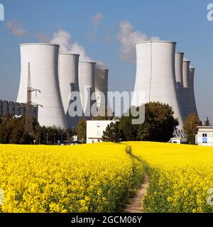 Vista panoramica della centrale nucleare Jaslovske Bohunice con campo di fioritura dorata di colza, canola o colza - Slovacchia - due possibilità per pro Foto Stock