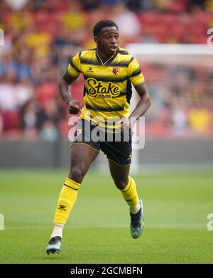 Watford, Regno Unito. 24 luglio 2021. Jeremy Ngakia di Watford durante la partita pre-stagione 2021/22 tra Watford e West Bromwich Albion a Vicarage Road, Watford, Inghilterra, il 24 luglio 2021. Foto di Andy Rowland. Credit: Prime Media Images/Alamy Live News Foto Stock