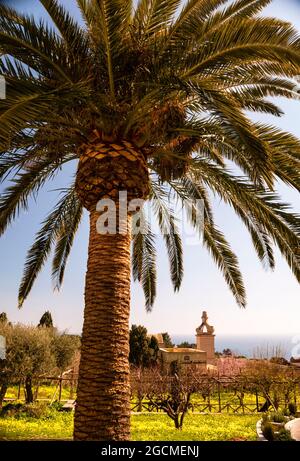 I giardini di Augusto e la Certosa di Capri si affacciano sul Mar Tirreno, Capri, Italia. Foto Stock