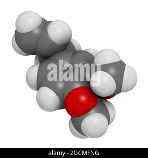 Molecola di metil eugenolo. Rendering 3D. Gli atomi sono rappresentati come Foto Stock