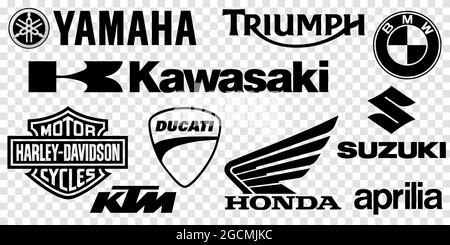 Vinnytsia, Ucraina - 6 agosto 2021. Set di logo del marchio della motocicletta. Yamaha, Honda, Ducati, Kawasaki, Triumph, BMW, Harley-Davidson, Suzuki, Aprilia KTM ed Illustrazione Vettoriale