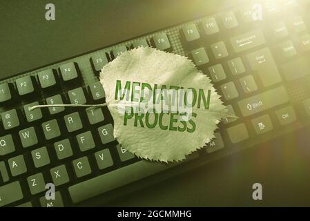 Processo di mediazione del testo della scrittura a mano. Concetto significato informale e flessibile processo di risoluzione delle controversie composizione di un nuovo messaggio di posta elettronica, ricerca in Internet Foto Stock