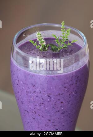 Frullati di mirtillo, banana, chokeberry e crusca d'avena in un bicchiere grande e alto. Frullato di mirtillo sano. Foto Stock