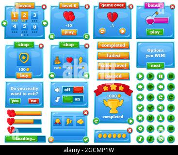 Cartoon Web casual interfaccia di menu di gioco mobile. Interfaccia gui di gioco, mobile casual game menu utente elementi vettoriale illustrazione set. Interfaccia per videogiochi Illustrazione Vettoriale