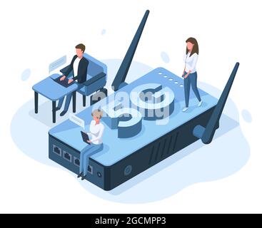 Concetto di connessione di rete Internet mobile da 5g isometrico. Gli utenti in ufficio lavorano con l'illustrazione vettoriale della connessione Internet ad alta velocità. Rete 5g Illustrazione Vettoriale