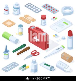 Kit di pronto soccorso per farmacia isometrica. Apparecchiature mediche, farmaci farmaceutici, pillole, patch, spray, set di illustrazioni vettoriali per siringhe Illustrazione Vettoriale