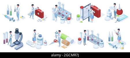 I medici isometrici lavorano nell'industria farmaceutica, nella ricerca di laboratorio. Sanità, servizio medico, caratteri di ricerca farmacologica, set di illustrazioni vettoriali Illustrazione Vettoriale