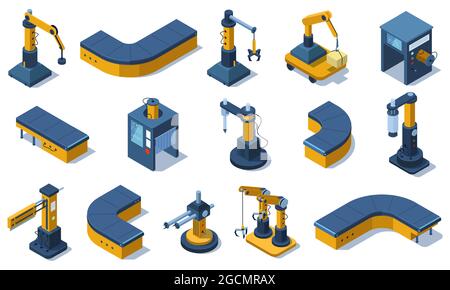 Tecnologie dell'industria isometrica bracci robot e macchine di fabbrica. Robot automatizzati industriali, set di illustrazioni vettoriali per linee di trasporto di produzione Illustrazione Vettoriale