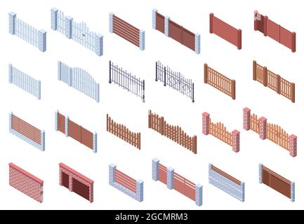 Recinzioni isometriche in pietra metallica. Immobiliare, cortili, mattone e recinzioni in legno cancello vettore illustrazione set Illustrazione Vettoriale