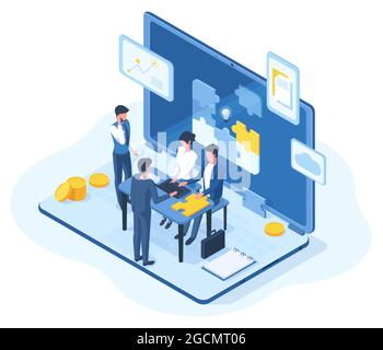 Lavoro di squadra isometrico, team di brainstorming che incontra il concetto 3d. Persone creative business team brainstorming illustrazione vettoriale. Personaggi del lavoro di squadra in ufficio Illustrazione Vettoriale