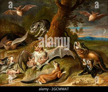 Jan Van Kessel opere d'arte intitolato animali notturni ai margini di una foresta. Foto Stock