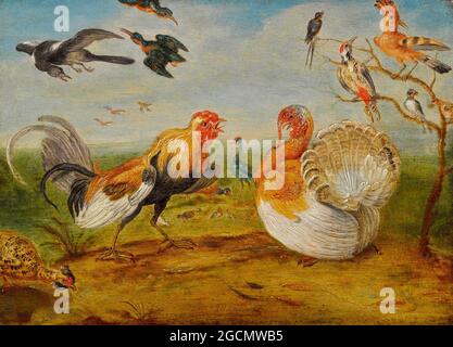 Jan Van Kessel artwork intitolato UN paesaggio con un cockerel e un tacchino squabling e altri uccelli - 1663 Foto Stock