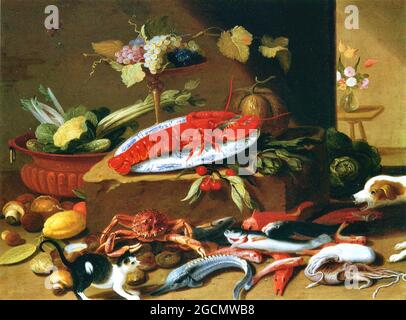 Jan Van Kessel opera intitolata Fighting Dog and Cat with Still Life. Foto Stock