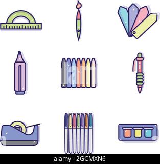 Set di icone diverse per i materiali scolastici Illustrazione Vettoriale