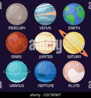 Illustrazione insieme dei pianeti del sistema solare su sfondo viola scuro. Pianeti vettoriali cartoni animati Illustrazione Vettoriale
