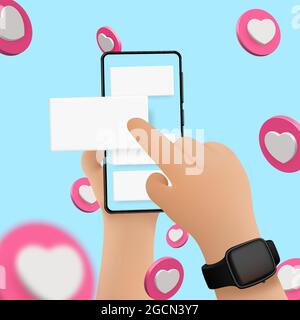 Cartoni animati vettoriali mani con smartphone, scorrimento o ricerca di qualcosa, isolati su sfondo blu. Sfondo dei social media, vettore cardiaco Illustrazione Vettoriale