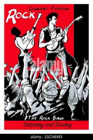 Poster di musica rock con due chitarristi e una folla che li applauda. - illustrazione vettoriale Illustrazione Vettoriale