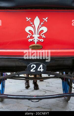 Firenze, Italia - 10 maggio 2010: Carrozza a cavallo con il simbolo di Firenze, in una giornata estiva. Foto Stock