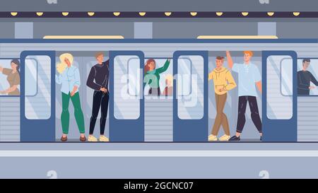 Cartoni animati piatti in metropolitana, città vita scena concetto di illustrazione vettoriale Illustrazione Vettoriale