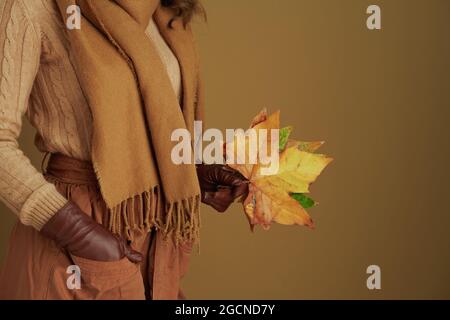 Ciao ottobre. Primo piano su donna in sciarpa con guanti in pelle e foglie d'acero giallo autunnale su fondo in bronzo. Foto Stock