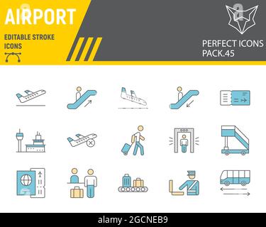Set di icone della linea a colori AirPort, raccolta di viaggi, grafica vettoriale, illustrazioni logo, icone vettoriali aeroportuali, cartelli terminali, pittogrammi a profilo pieno, Illustrazione Vettoriale