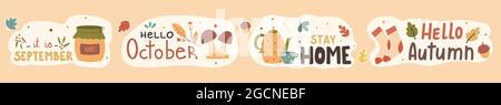 Confezione di adesivi slogan scritti a mano nella stagione autunnale. Frasi autunnali con elementi di design carino e accogliente pacchetto decorativo. Illustrazione vettoriale Illustrazione Vettoriale
