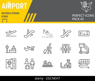 Set di icone della linea AirPort, raccolta viaggi, grafica vettoriale, illustrazioni logo, icone vettoriali dell'aeroporto, segni terminali, pittogrammi di contorno, stro modificabile Illustrazione Vettoriale