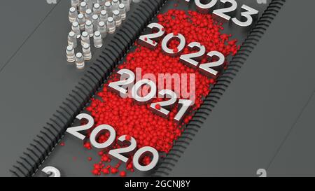 Timeline con anno 2020 pieno di virus - rendering 3D Foto Stock