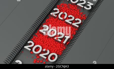 Timeline con anno 2020 pieno di virus - rendering 3D Foto Stock