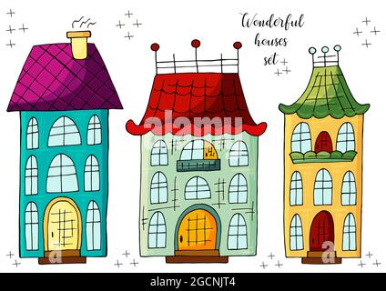 Set di illustrazioni di piccole case in stile disegno a mano. Raccolta di illustrazioni vettoriali per il vostro progetto. Disegni incantevoli. Segni, disegno dei bambini Illustrazione Vettoriale