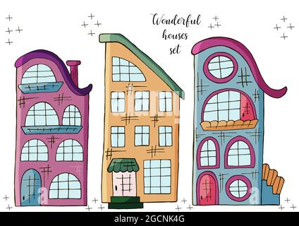 Set di illustrazioni di piccole case in stile disegno a mano. Raccolta di illustrazioni vettoriali per il vostro progetto. Disegni incantevoli Illustrazione Vettoriale