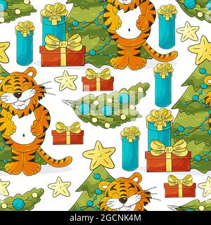 Modello vettoriale senza giunture per l'anno della tigre 2022. Ripetizione nello stile di disegno a mano. Tigre, albero di Natale, regali, decorazioni dell'albero di Natale Illustrazione Vettoriale