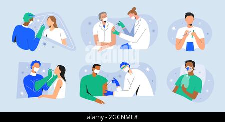 Personaggi di Covid, vaccinati, vaccinati, sottoposti a test per coronavirus, test PCR rapido, paziente con polmonite, cartoni animati vettoriali Illustrazione Vettoriale