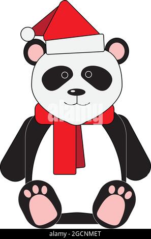 Carino panda cartone animato con cappello rosso santa e sciarpa isolato su sfondo bianco Illustrazione Vettoriale