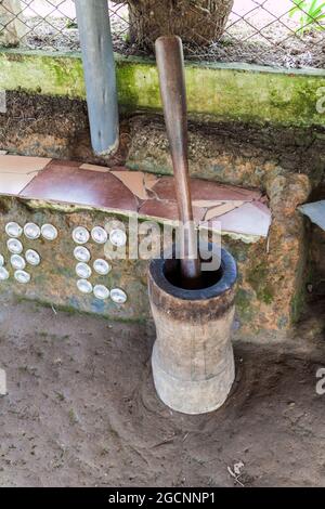 Pestello e mortaio utilizzati per la frantumazione dei chicchi di caffè nella catena montuosa della Sierra Maestra, Cuba Foto Stock