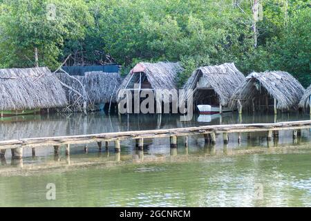 Banchine con tetto in paglia per barche da pesca alla foce del fiume Rio Miel vicino Baracoa, Cuba Foto Stock