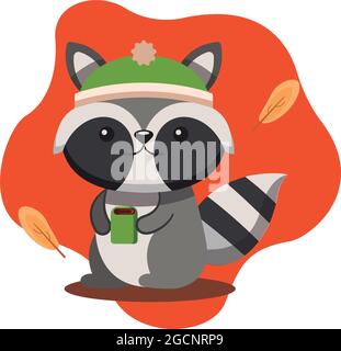 Cartoon Kawaii di un raccoon con una tazza di caffè Illustrazione Vettoriale
