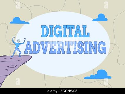 Didascalia di testo che presenta la pubblicità digitale. Approccio commerciale marketing di prodotti o servizi utilizzando Internet Atletica Man illustrazione montagna Foto Stock
