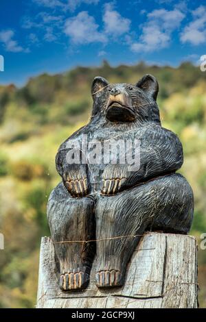 Un orso nero scolpito seduto su un palo all'ingresso del Parco comunale Valle Crucis in Valle Crucis, Carolia Nord. Foto Stock