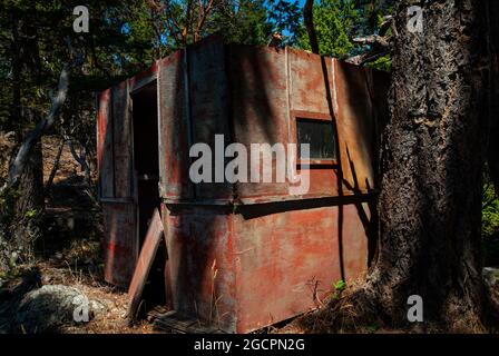 Una vecchia cabina nella foresta di Trincomali, North Pender Island, British Columbia, Canada Foto Stock