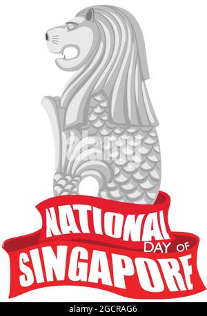 Bandiera della Giornata Nazionale di Singapore con mascotte ufficiale Merlion dell'illustrazione di Singapore Illustrazione Vettoriale
