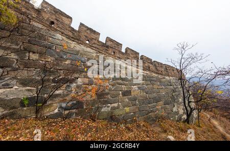 La Grande Muraglia della Cina, il maestoso grande punto di riferimento della Cina in autunno circondato da alberi colorati. La Grande Muraglia, il simbolo della Cina. Una bastio Foto Stock